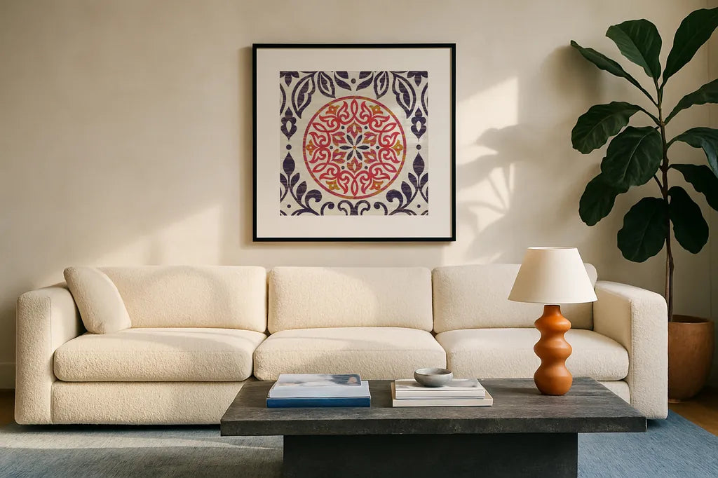 Arista Square IV by Wild Apple Portfolio. Displayed in a glass frame with matte in a clean modern living room. Available as an archival giclee rolled canvas, fine art paper, or poster print. SKU 94199a.