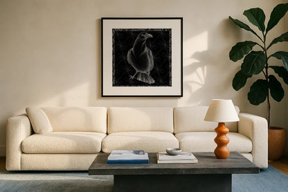 Arsenic and Old Lace BW No Words I by Wild Apple Portfolio. Displayed in a glass frame with matte in a clean modern living room. Available as an archival giclee rolled canvas, fine art paper, or poster print. SKU 93897a.