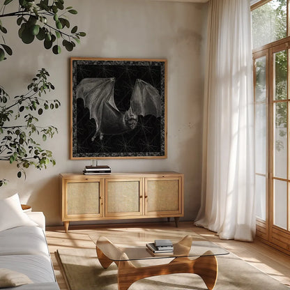 Arsenic and Old Lace BW No Words II by Wild Apple Portfolio. Shown in a natural wood frame in a cozy modern living room. Available as an archival giclee rolled canvas, fine art paper, or poster print. SKU 93898a.