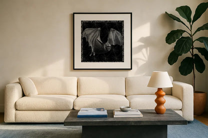Arsenic and Old Lace BW No Words II by Wild Apple Portfolio. Displayed in a glass frame with matte in a clean modern living room. Available as an archival giclee rolled canvas, fine art paper, or poster print. SKU 93898a.