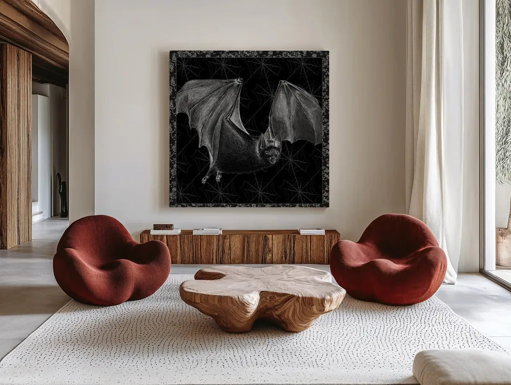 Arsenic and Old Lace BW No Words II by Wild Apple Portfolio. Shown as extra-large giant wall art in a modern living room. Available as an archival giclee rolled canvas, fine art paper, or poster print. SKU 93898a.