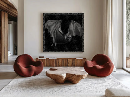 Arsenic and Old Lace BW No Words II by Wild Apple Portfolio. Shown as extra-large giant wall art in a modern living room. Available as an archival giclee rolled canvas, fine art paper, or poster print. SKU 93898a.