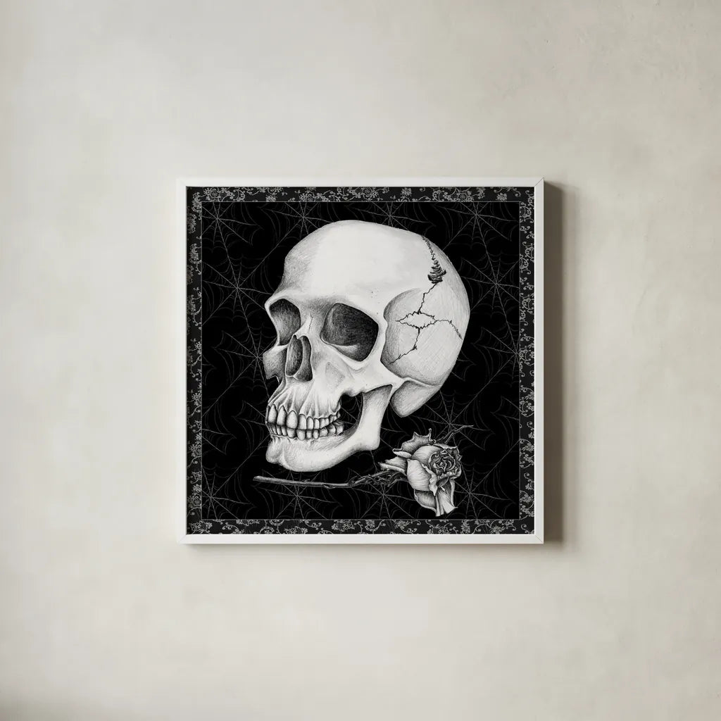 Arsenic and Old Lace BW No Words III by Wild Apple Portfolio. Shown in a crisp white glass frame for a clean and minimalist style. Available as an archival giclee rolled canvas, fine art paper, or poster print. SKU 93899a.