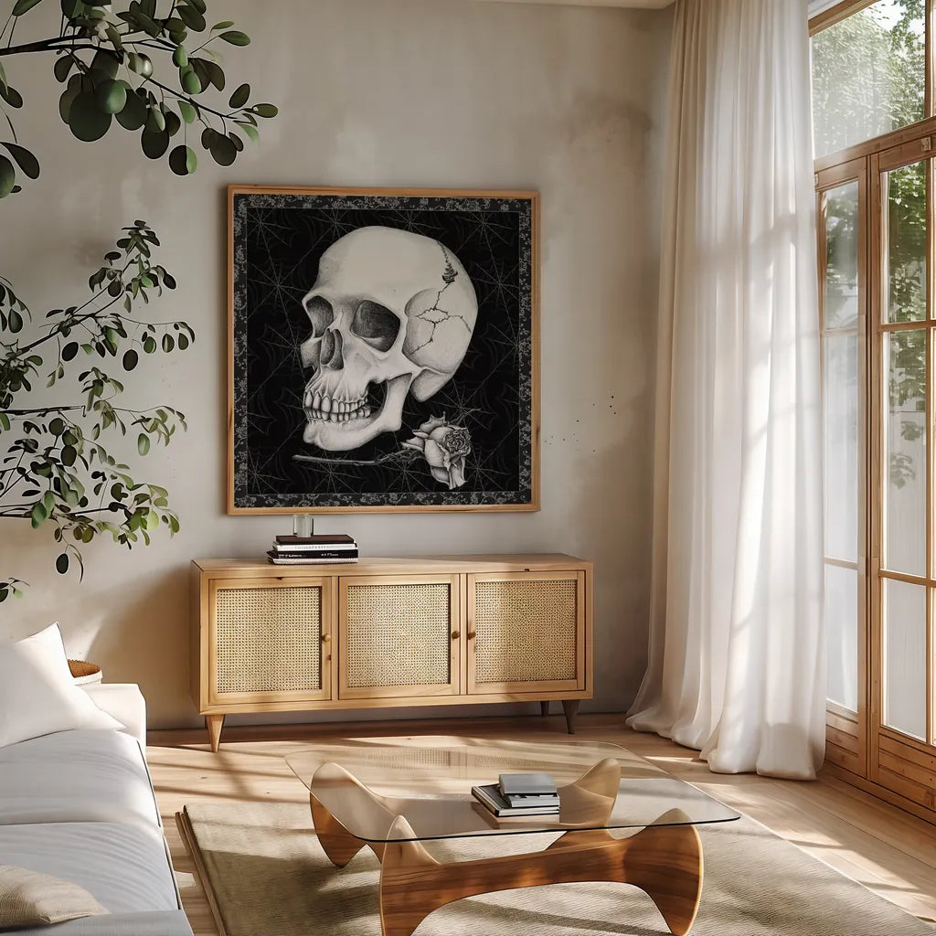Arsenic and Old Lace BW No Words III by Wild Apple Portfolio. Shown in a natural wood frame in a cozy modern living room. Available as an archival giclee rolled canvas, fine art paper, or poster print. SKU 93899a.
