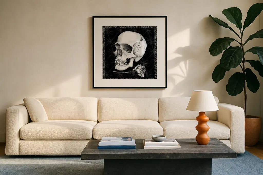 Arsenic and Old Lace BW No Words III by Wild Apple Portfolio. Displayed in a glass frame with matte in a clean modern living room. Available as an archival giclee rolled canvas, fine art paper, or poster print. SKU 93899a.
