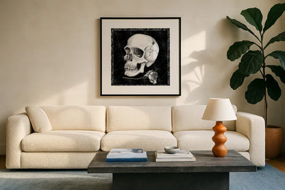 Arsenic and Old Lace BW No Words III by Wild Apple Portfolio. Displayed in a glass frame with matte in a clean modern living room. Available as an archival giclee rolled canvas, fine art paper, or poster print. SKU 93899a.