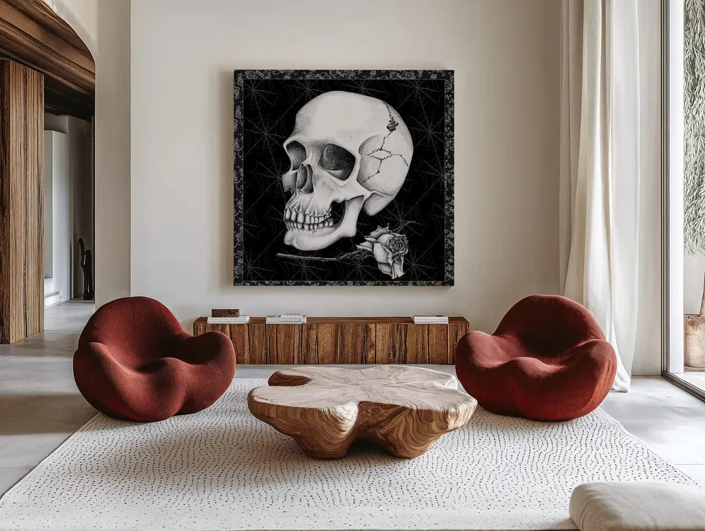 Arsenic and Old Lace BW No Words III by Wild Apple Portfolio. Shown as extra-large giant wall art in a modern living room. Available as an archival giclee rolled canvas, fine art paper, or poster print. SKU 93899a.