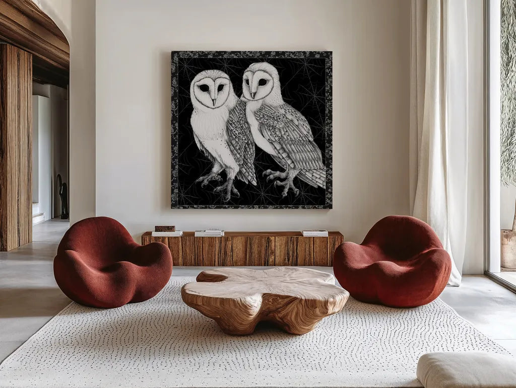 Arsenic and Old Lace BW No Words IV by Wild Apple Portfolio. Shown as extra-large giant wall art in a modern living room. Available as an archival giclee rolled canvas, fine art paper, or poster print. SKU 93900a.