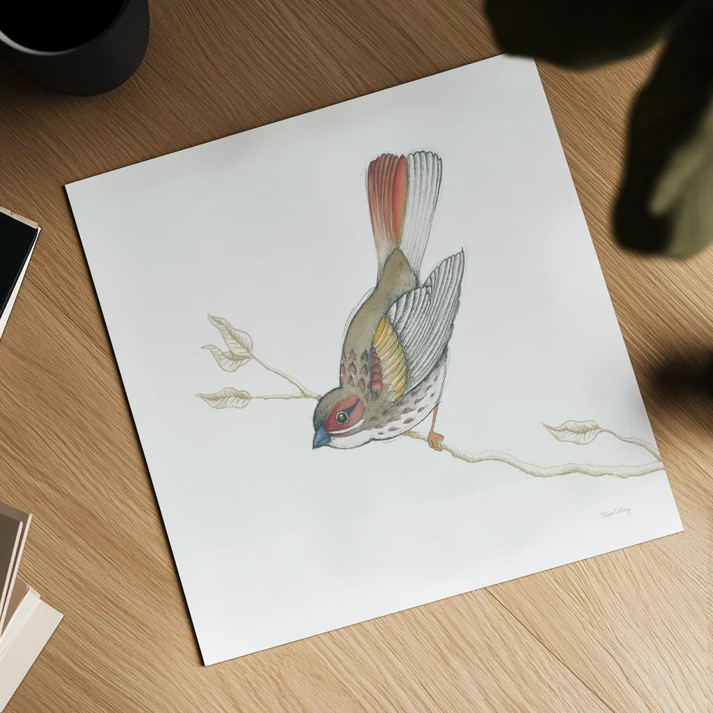 Arts and Crafts Birds II on White by Wild Apple Portfolio. Shown as a detailed flat fine art print, highlighting archival giclee quality. Available as an archival giclee rolled canvas, fine art paper, or poster print. SKU 61170a.