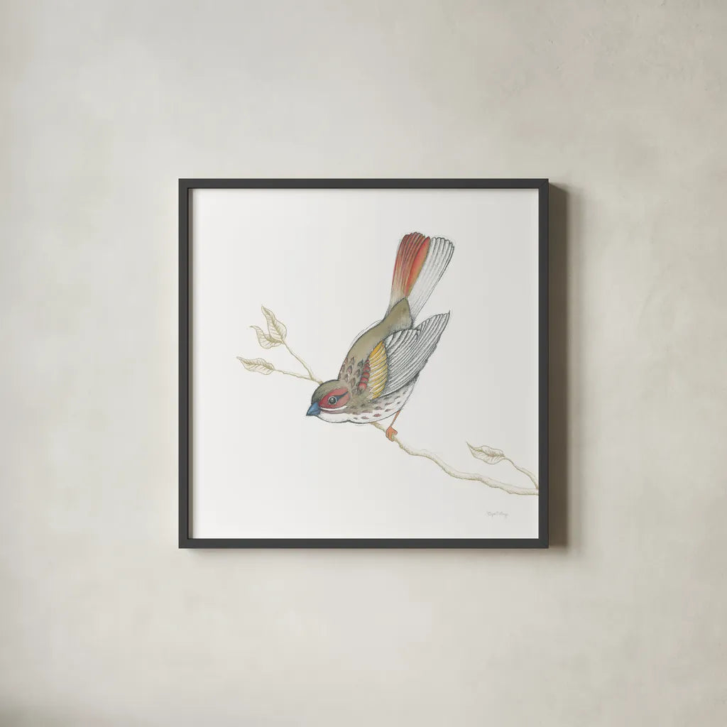 Arts and Crafts Birds II on White by Wild Apple Portfolio. Shown in a sleek black glass frame for a contemporary gallery look. Available as an archival giclee rolled canvas, fine art paper, or poster print. SKU 61170a.