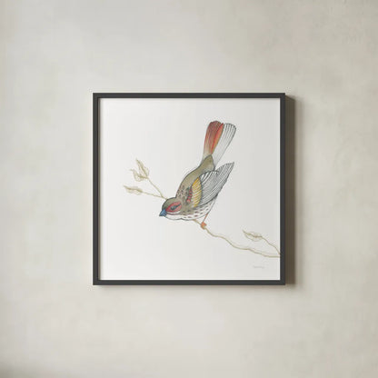 Arts and Crafts Birds II on White by Wild Apple Portfolio. Shown in a sleek black glass frame for a contemporary gallery look. Available as an archival giclee rolled canvas, fine art paper, or poster print. SKU 61170a.