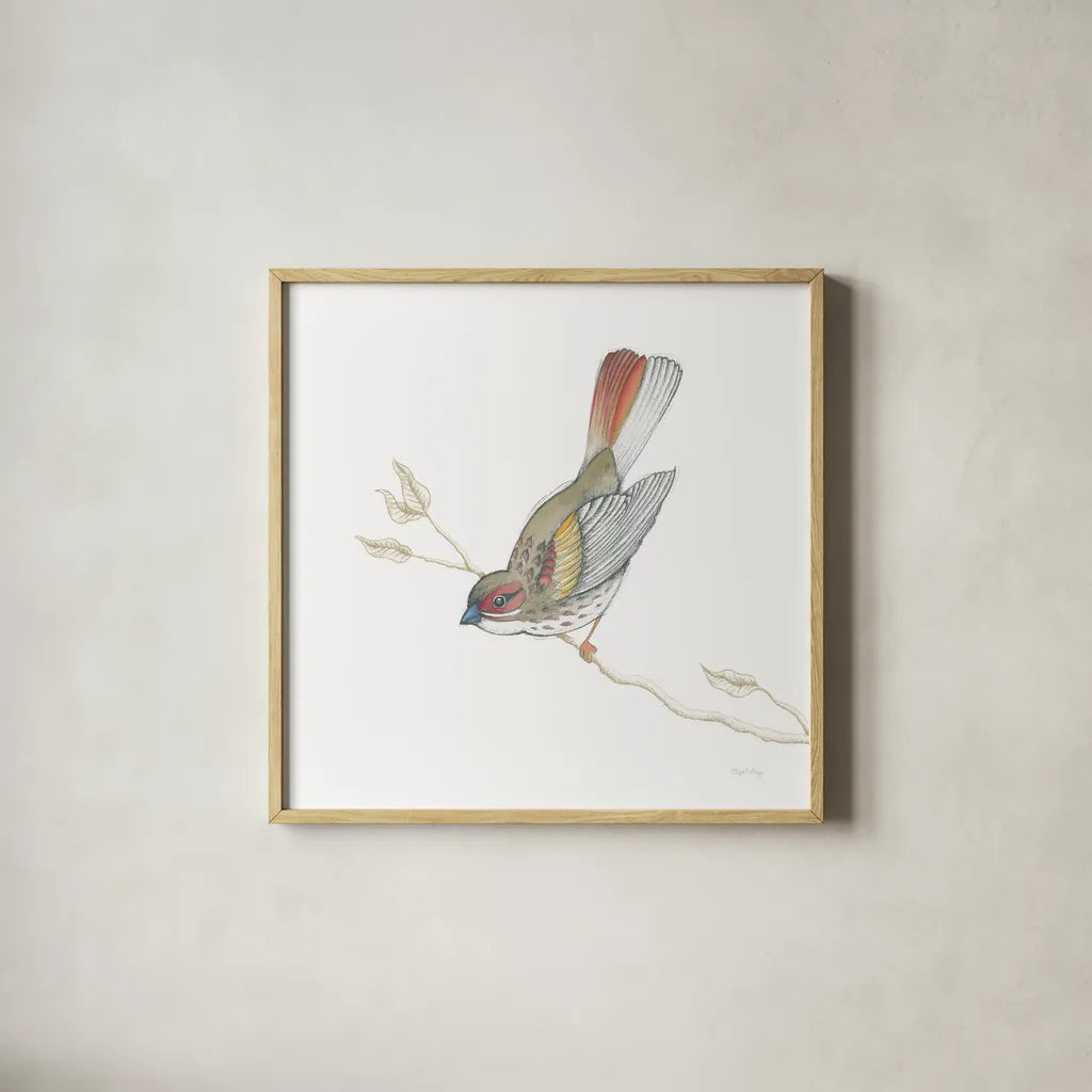 Arts and Crafts Birds II on White by Wild Apple Portfolio. Shown in a natural wood glass frame for a timeless modern aesthetic. Available as an archival giclee rolled canvas, fine art paper, or poster print. SKU 61170a.