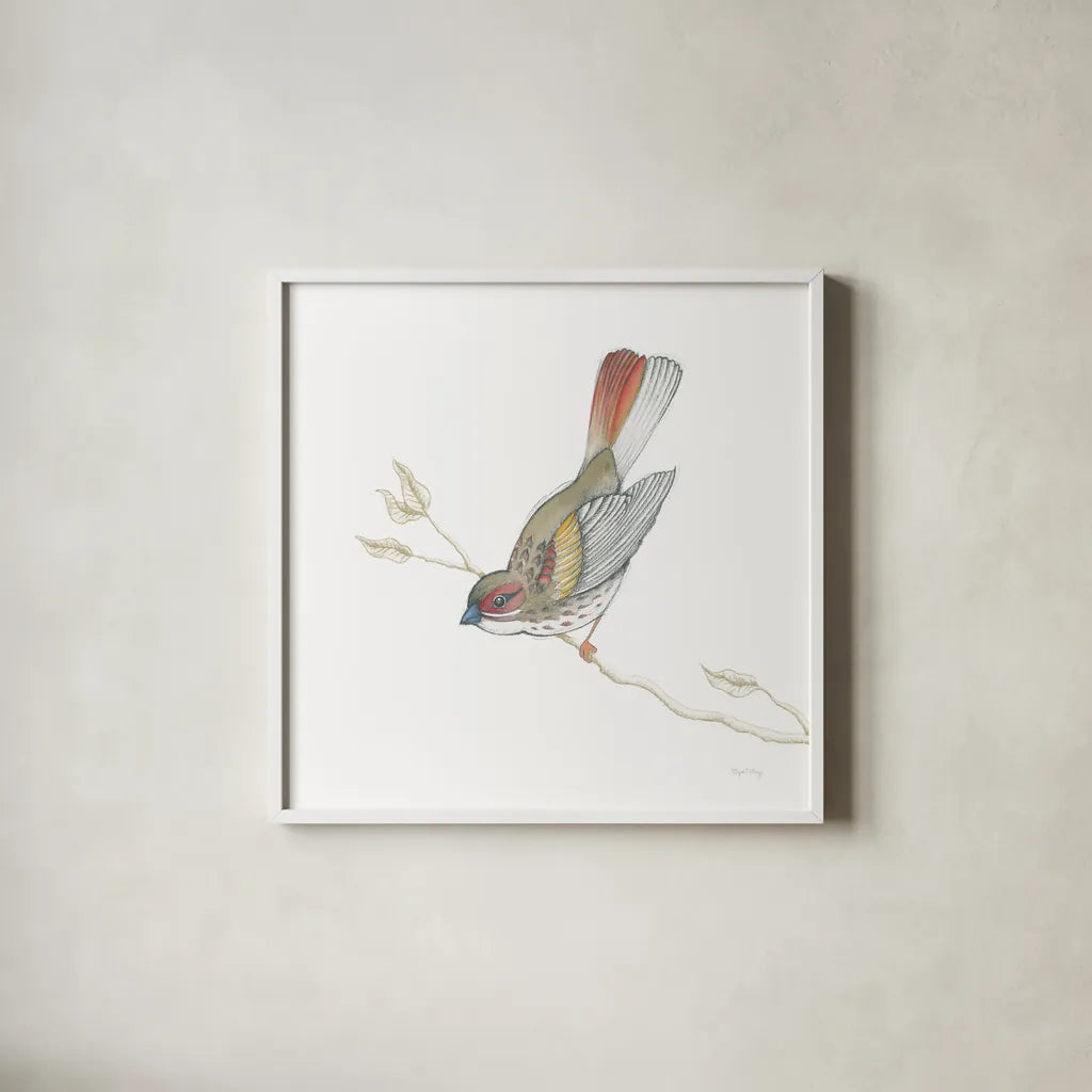 Arts and Crafts Birds II on White by Wild Apple Portfolio. Shown in a crisp white glass frame for a clean and minimalist style. Available as an archival giclee rolled canvas, fine art paper, or poster print. SKU 61170a.