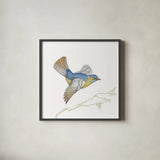 Arts and Crafts Birds III on White by Wild Apple Portfolio. Shown in a sleek black glass frame for a contemporary gallery look. Available as an archival giclee rolled canvas, fine art paper, or poster print. SKU 61171a.