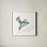 Arts and Crafts Birds III on White by Wild Apple Portfolio. Shown in a crisp white glass frame for a clean and minimalist style. Available as an archival giclee rolled canvas, fine art paper, or poster print. SKU 61171a.