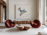 Arts and Crafts Birds III on White by Wild Apple Portfolio. Shown as extra-large giant wall art in a modern living room. Available as an archival giclee rolled canvas, fine art paper, or poster print. SKU 61171a.