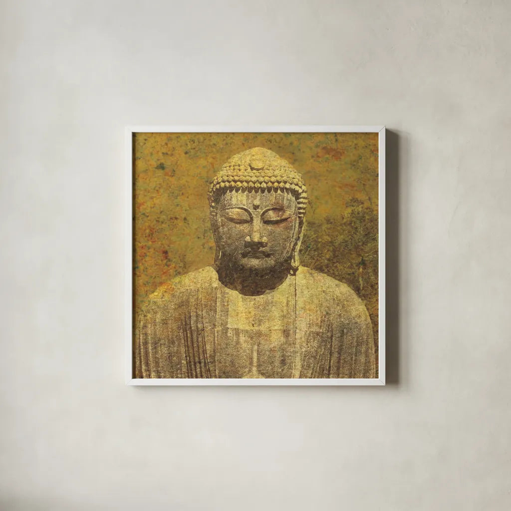 Asian Buddha Crop by Wild Apple Portfolio. Shown in a crisp white glass frame for a clean and minimalist style. Available as an archival giclee rolled canvas, fine art paper, or poster print. SKU 41817a.