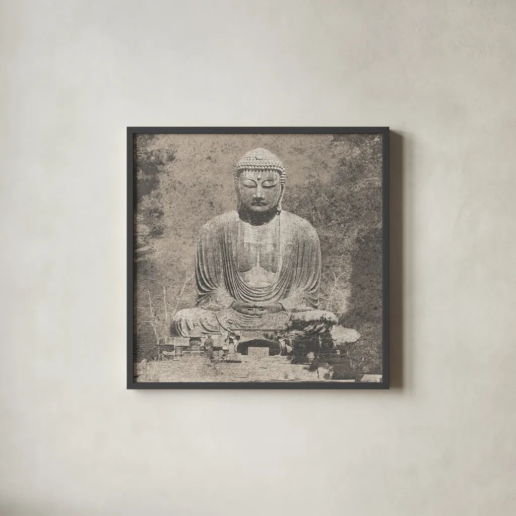 Asian Buddha Crop Neutral by Wild Apple Portfolio. Shown in a sleek black glass frame for a contemporary gallery look. Available as an archival giclee rolled canvas, fine art paper, or poster print. SKU 30793a.