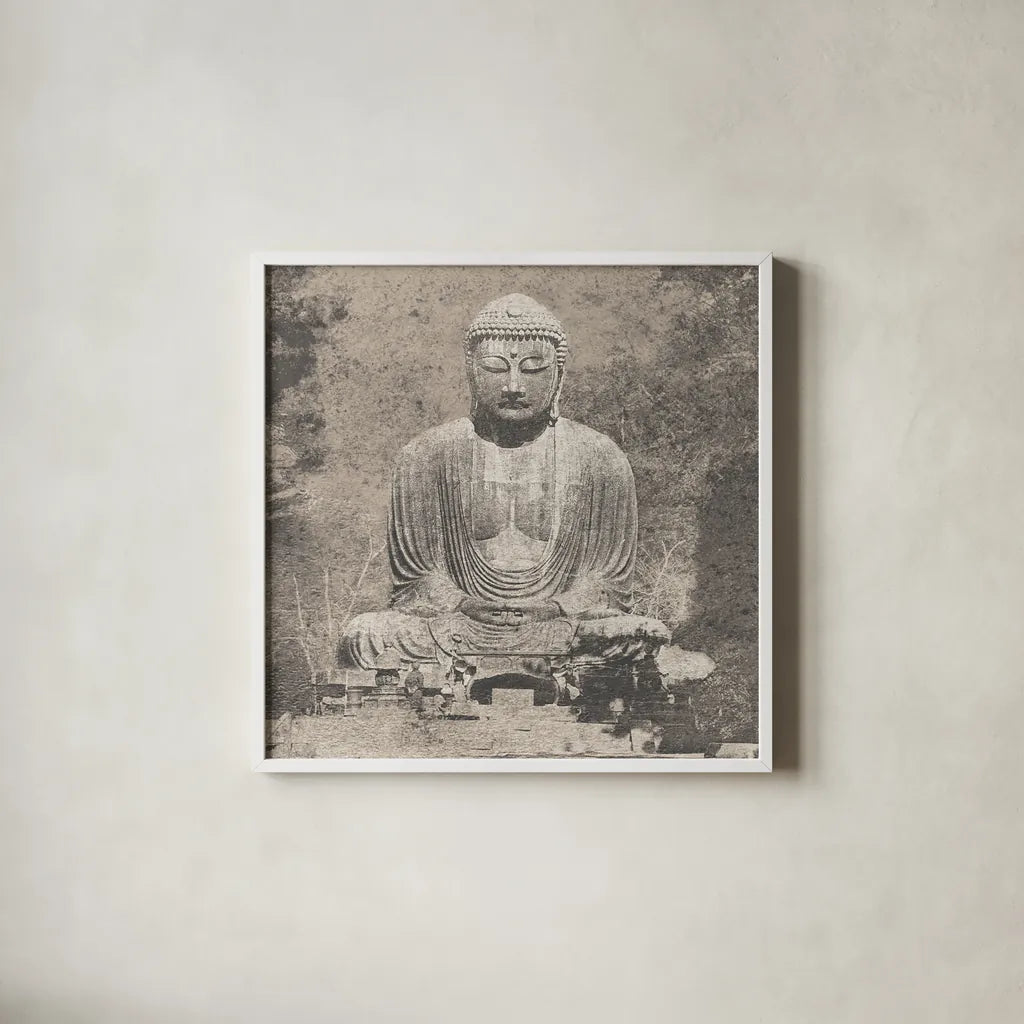 Asian Buddha Crop Neutral by Wild Apple Portfolio. Shown in a crisp white glass frame for a clean and minimalist style. Available as an archival giclee rolled canvas, fine art paper, or poster print. SKU 30793a.