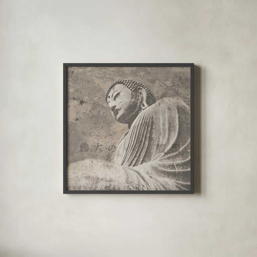 Asian Buddha II Neutral by Wild Apple Portfolio. Shown in a sleek black glass frame for a contemporary gallery look. Available as an archival giclee rolled canvas, fine art paper, or poster print. SKU 30792a.