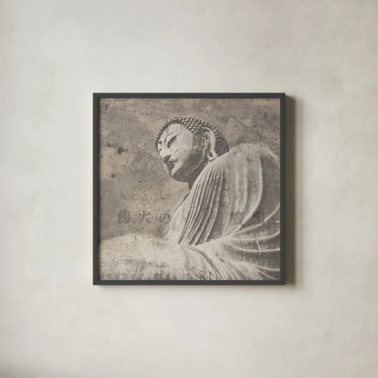 Asian Buddha II Neutral by Wild Apple Portfolio. Shown in a sleek black glass frame for a contemporary gallery look. Available as an archival giclee rolled canvas, fine art paper, or poster print. SKU 30792a.