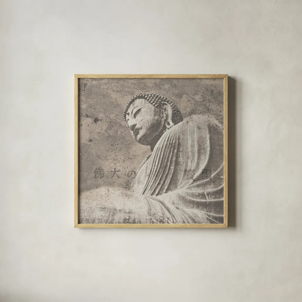 Asian Buddha II Neutral by Wild Apple Portfolio. Shown in a natural wood glass frame for a timeless modern aesthetic. Available as an archival giclee rolled canvas, fine art paper, or poster print. SKU 30792a.