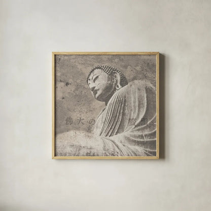 Asian Buddha II Neutral by Wild Apple Portfolio. Shown in a natural wood glass frame for a timeless modern aesthetic. Available as an archival giclee rolled canvas, fine art paper, or poster print. SKU 30792a.