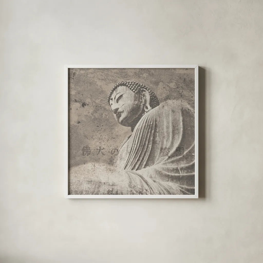 Asian Buddha II Neutral by Wild Apple Portfolio. Shown in a crisp white glass frame for a clean and minimalist style. Available as an archival giclee rolled canvas, fine art paper, or poster print. SKU 30792a.