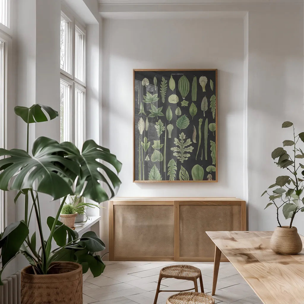 Assortment of Leaves II Charcoal Crop by Wild Apple Portfolio. shown as a print in a natural wood frame in a dining room. Available as a archival giclee rolled canvas, fine art paper, or poster print. SKU 50542h.