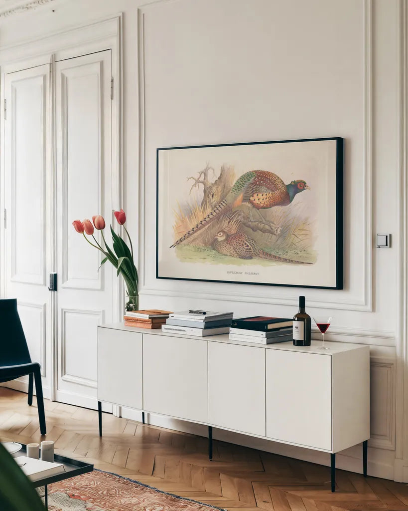 Autumn Pheasant by Wild Apple Portfolio. shown as a framed stretched canvas in a living room above a console. Available as a archival giclee rolled canvas, fine art paper, or poster print. SKU 84822i.