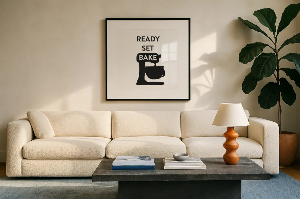 Bake II by Wild Apple Portfolio. Displayed in a glass frame with matte in a clean modern living room. Available as an archival giclee rolled canvas, fine art paper, or poster print. SKU 75969a.