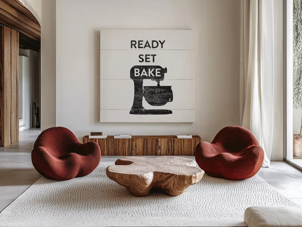 Bake II Farmhouse by Wild Apple Portfolio. Shown as extra-large giant wall art in a modern living room. Available as an archival giclee rolled canvas, fine art paper, or poster print. SKU 77193a.