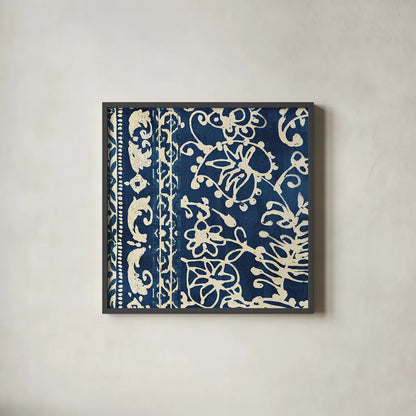 Bali Tapestry I by Wild Apple Portfolio. Shown in a sleek black glass frame for a contemporary gallery look. Available as an archival giclee rolled canvas, fine art paper, or poster print. SKU 16637a.