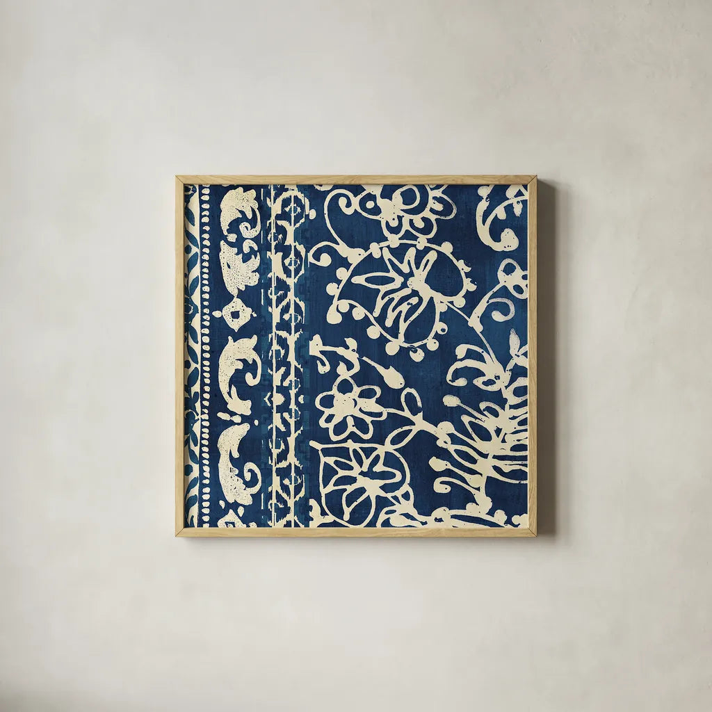 Bali Tapestry I by Wild Apple Portfolio. Shown in a natural wood glass frame for a timeless modern aesthetic. Available as an archival giclee rolled canvas, fine art paper, or poster print. SKU 16637a.