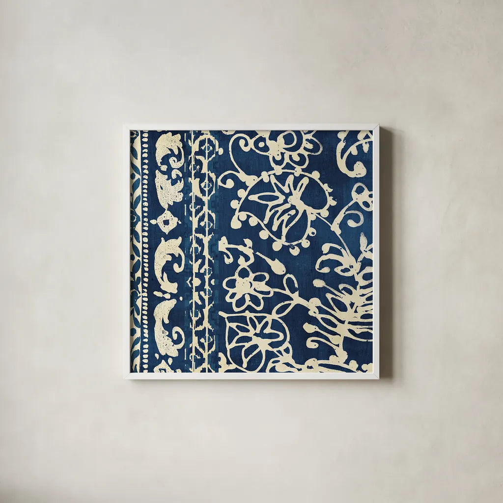 Bali Tapestry I by Wild Apple Portfolio. Shown in a crisp white glass frame for a clean and minimalist style. Available as an archival giclee rolled canvas, fine art paper, or poster print. SKU 16637a.