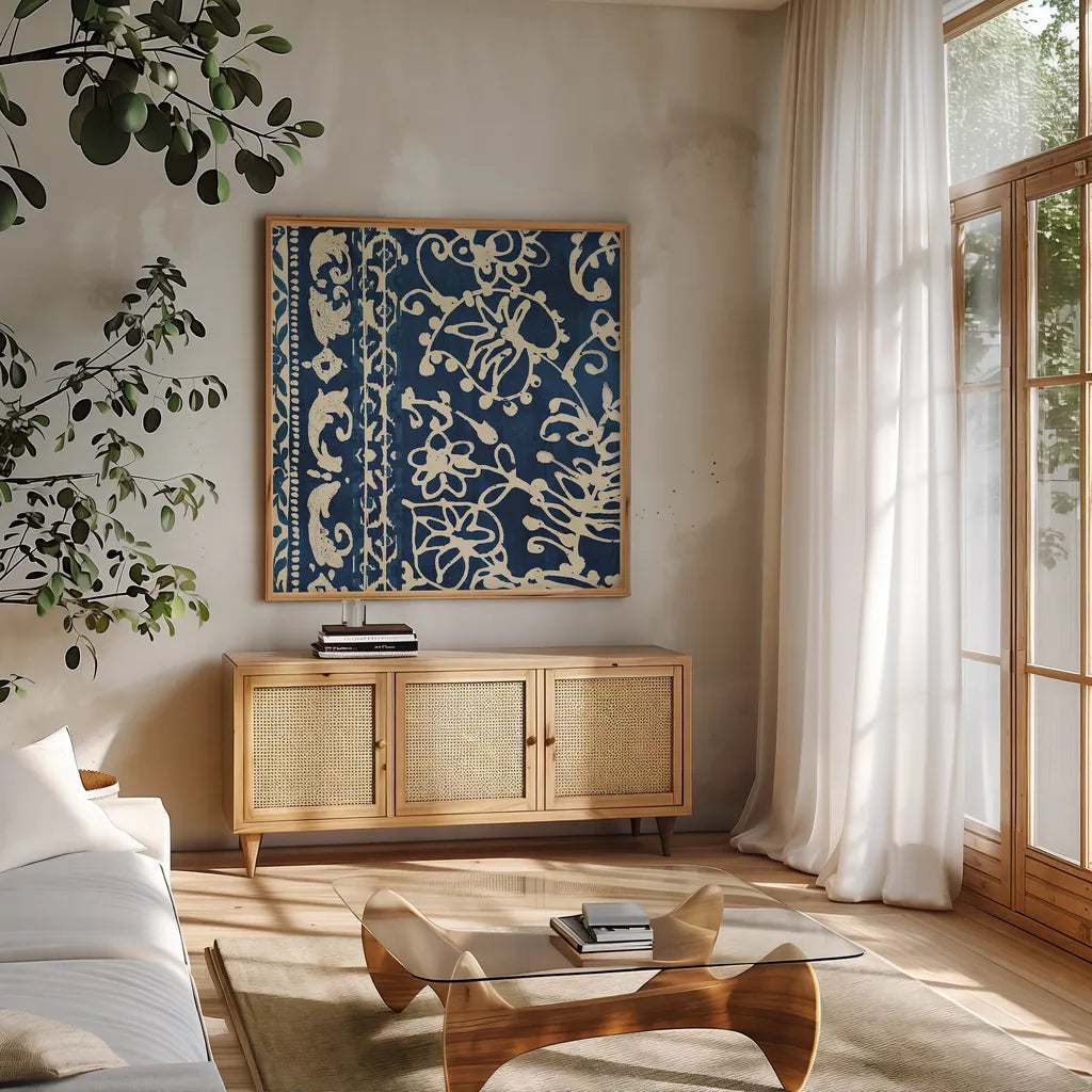 Bali Tapestry I by Wild Apple Portfolio. Shown in a natural wood frame in a cozy modern living room. Available as an archival giclee rolled canvas, fine art paper, or poster print. SKU 16637a.