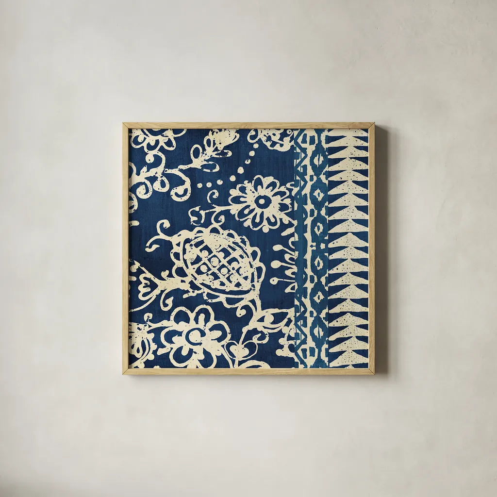 Bali Tapestry II by Wild Apple Portfolio. Shown in a natural wood glass frame for a timeless modern aesthetic. Available as an archival giclee rolled canvas, fine art paper, or poster print. SKU 16638a.