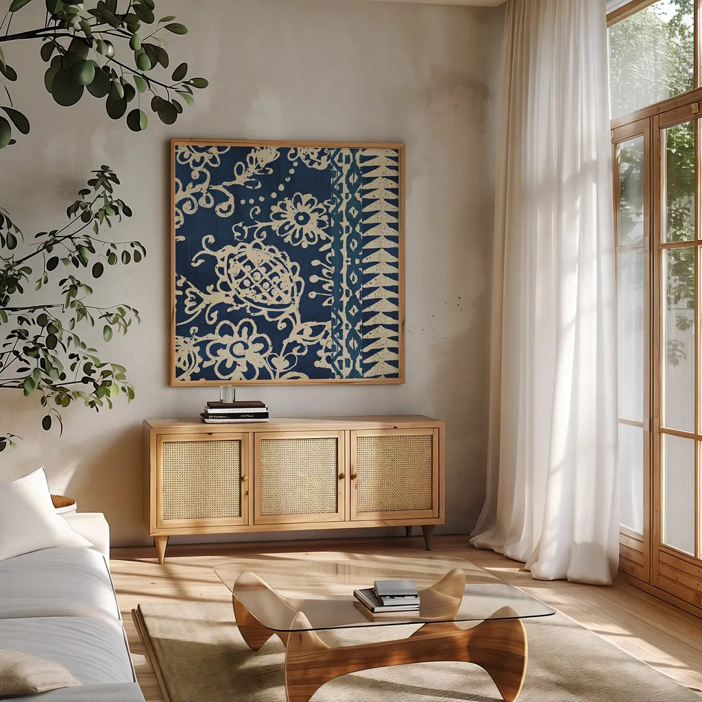 Bali Tapestry II by Wild Apple Portfolio. Shown in a natural wood frame in a cozy modern living room. Available as an archival giclee rolled canvas, fine art paper, or poster print. SKU 16638a.