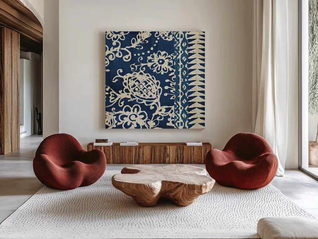 Bali Tapestry II by Wild Apple Portfolio. Shown as extra-large giant wall art in a modern living room. Available as an archival giclee rolled canvas, fine art paper, or poster print. SKU 16638a.