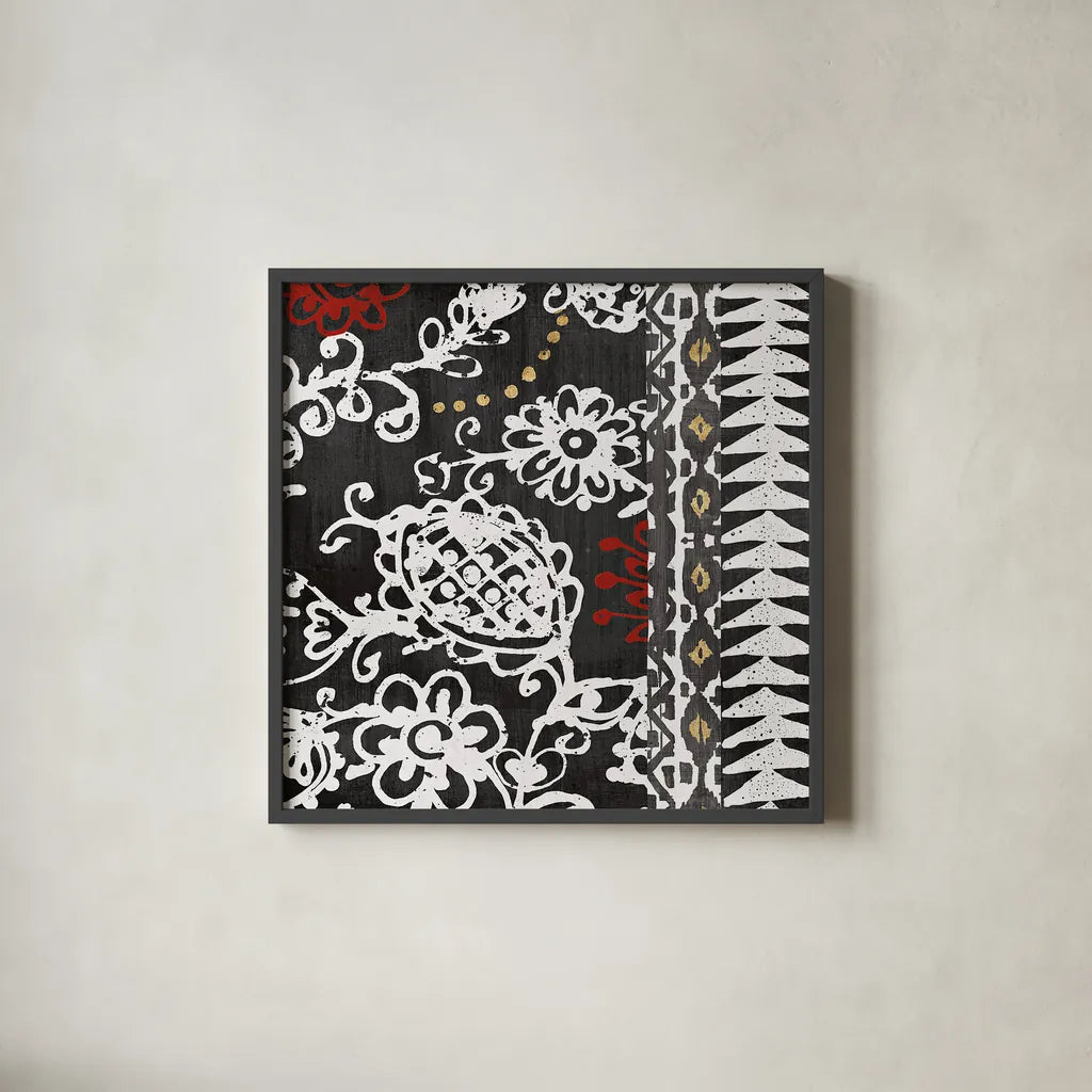 Bali Tapestry II BW by Wild Apple Portfolio. Shown in a sleek black glass frame for a contemporary gallery look. Available as an archival giclee rolled canvas, fine art paper, or poster print. SKU 28754a.