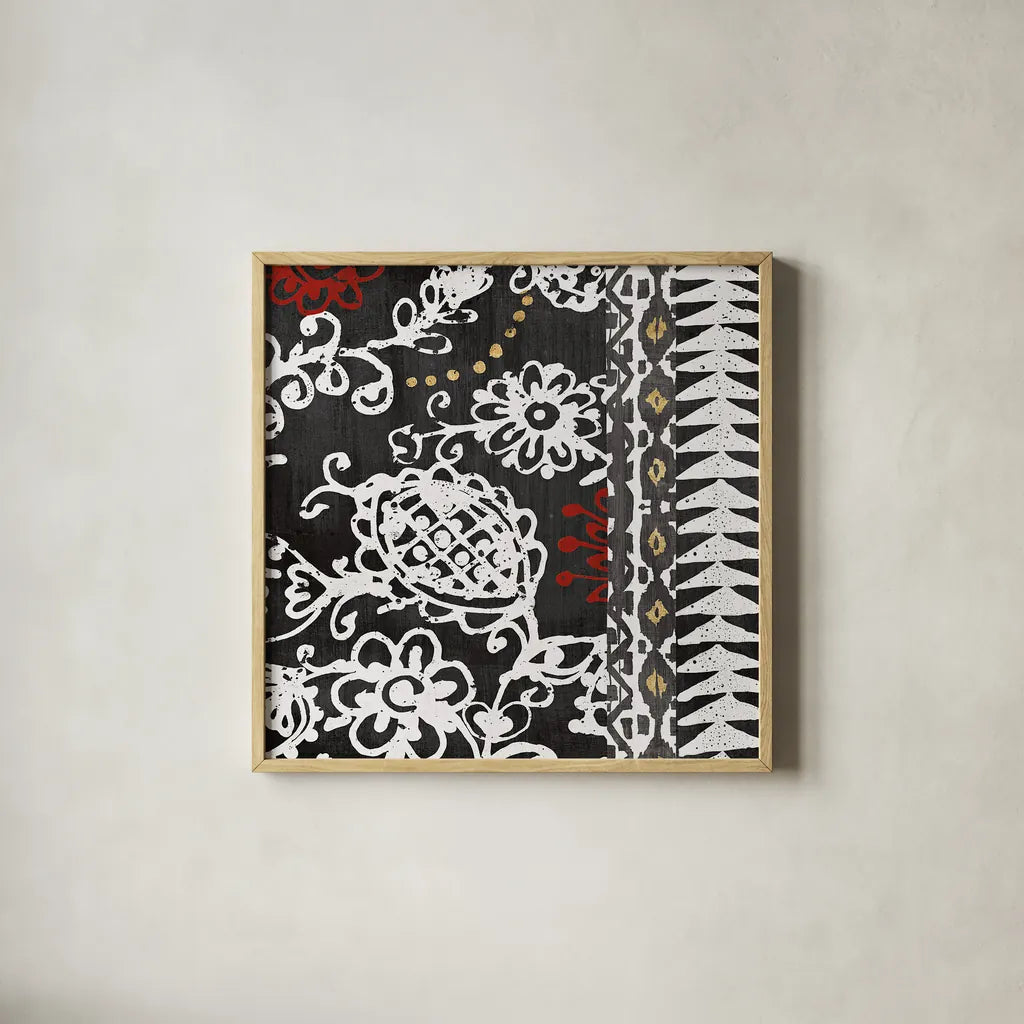 Bali Tapestry II BW by Wild Apple Portfolio. Shown in a natural wood glass frame for a timeless modern aesthetic. Available as an archival giclee rolled canvas, fine art paper, or poster print. SKU 28754a.