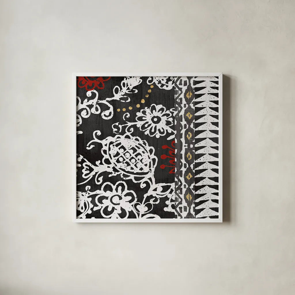 Bali Tapestry II BW by Wild Apple Portfolio. Shown in a crisp white glass frame for a clean and minimalist style. Available as an archival giclee rolled canvas, fine art paper, or poster print. SKU 28754a.