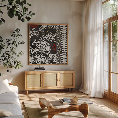 Bali Tapestry II BW by Wild Apple Portfolio. Shown in a natural wood frame in a cozy modern living room. Available as an archival giclee rolled canvas, fine art paper, or poster print. SKU 28754a.