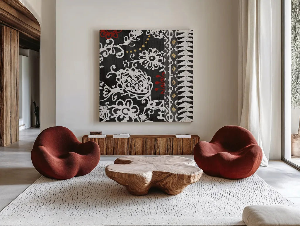 Bali Tapestry II BW by Wild Apple Portfolio. Shown as extra-large giant wall art in a modern living room. Available as an archival giclee rolled canvas, fine art paper, or poster print. SKU 28754a.