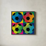 Ball Four - Soccer by Wild Apple Portfolio. Shown in a sleek black glass frame for a contemporary gallery look. Available as an archival giclee rolled canvas, fine art paper, or poster print. SKU 59234a.