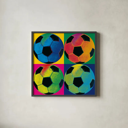 Ball Four - Soccer by Wild Apple Portfolio. Shown in a sleek black glass frame for a contemporary gallery look. Available as an archival giclee rolled canvas, fine art paper, or poster print. SKU 59234a.