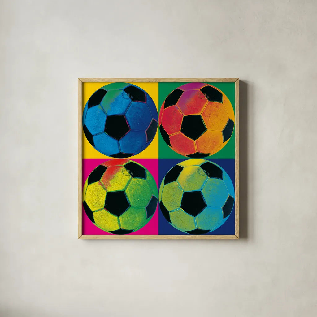 Ball Four - Soccer by Wild Apple Portfolio. Shown in a natural wood glass frame for a timeless modern aesthetic. Available as an archival giclee rolled canvas, fine art paper, or poster print. SKU 59234a.