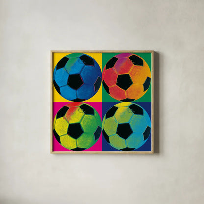 Ball Four - Soccer by Wild Apple Portfolio. Shown in a natural wood glass frame for a timeless modern aesthetic. Available as an archival giclee rolled canvas, fine art paper, or poster print. SKU 59234a.