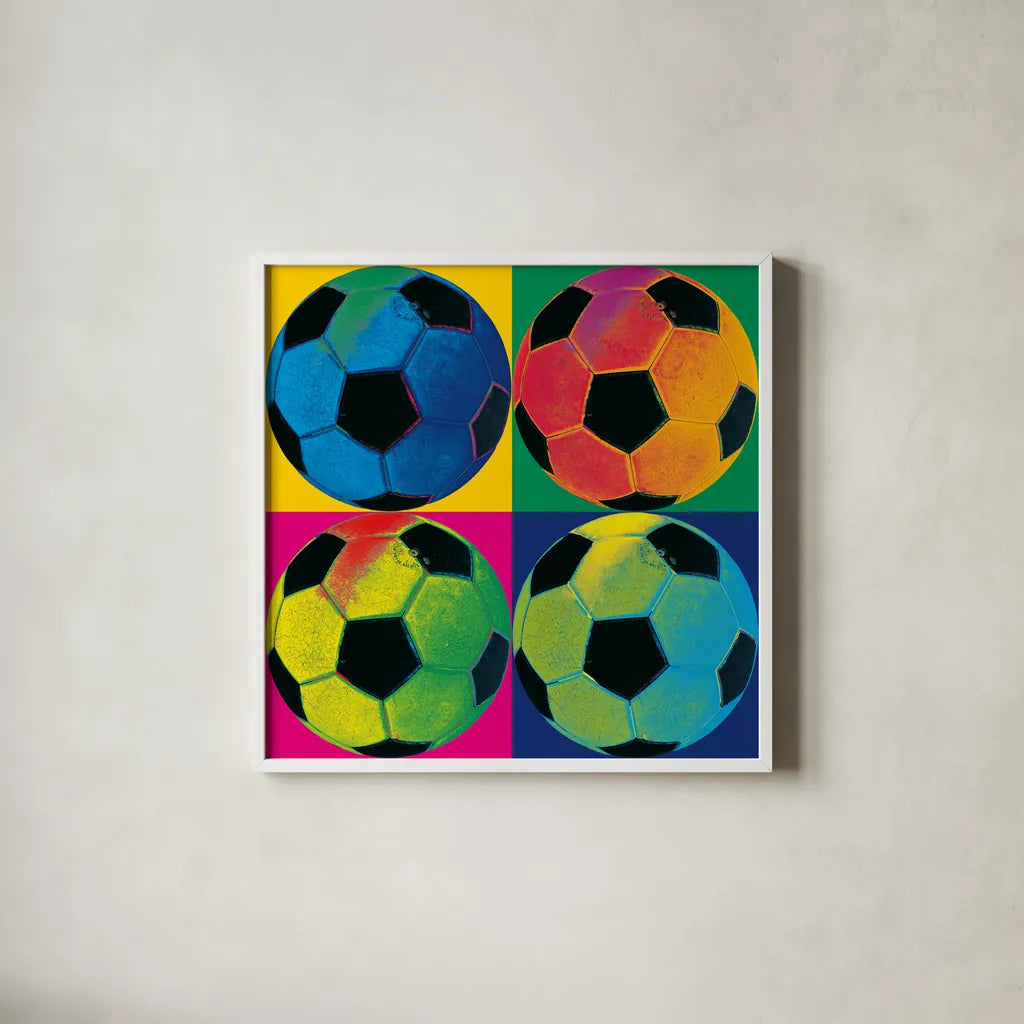 Ball Four - Soccer by Wild Apple Portfolio. Shown in a crisp white glass frame for a clean and minimalist style. Available as an archival giclee rolled canvas, fine art paper, or poster print. SKU 59234a.