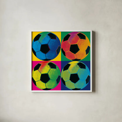 Ball Four - Soccer by Wild Apple Portfolio. Shown in a crisp white glass frame for a clean and minimalist style. Available as an archival giclee rolled canvas, fine art paper, or poster print. SKU 59234a.